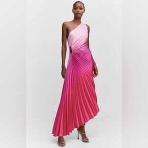 Mango One-Shoulder Pink Pleated Dress